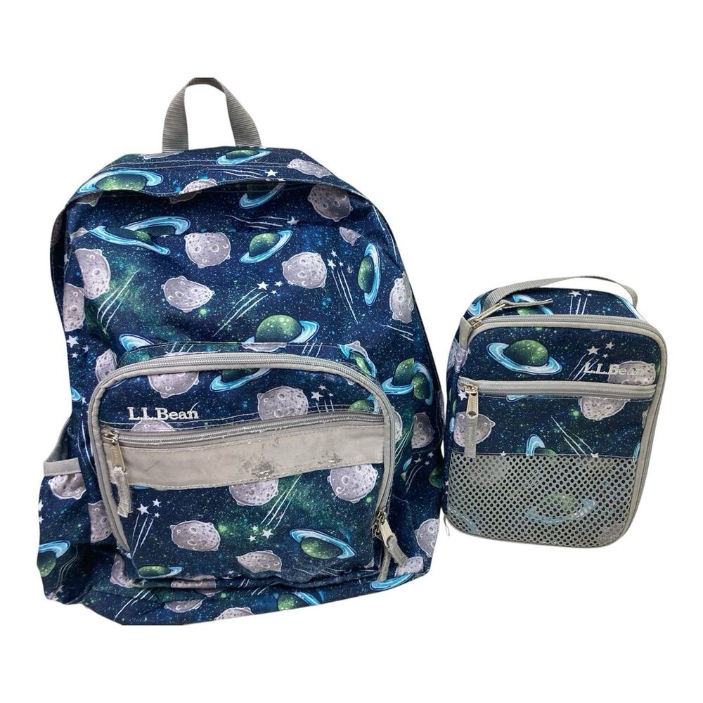 Vintage LL Bean Kids All Over Print Outer Space Planet Backpack Bag & Lunchbox